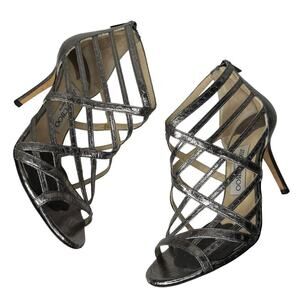 Jimmy Choo Cage Strappy Silver Snake Print Heels 36